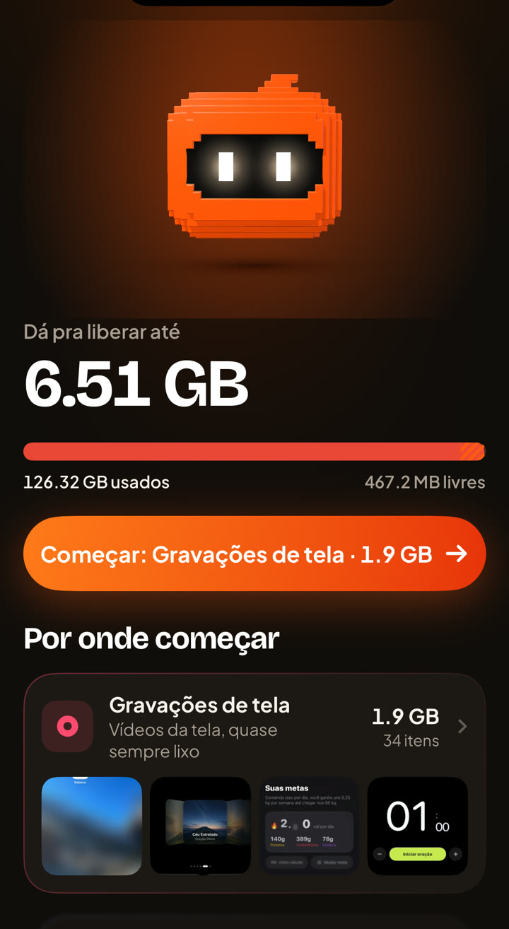Tela real do app: dá pra liberar até 6,51 GB, com o botão Começar e a categoria Gravações de tela