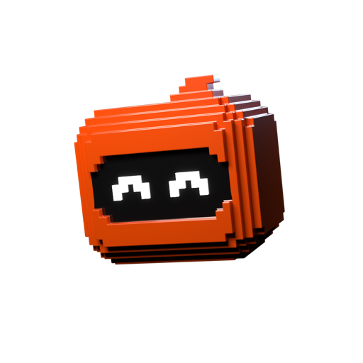 Limpinho, um mascote laranja feito de blocos, com olhos brancos brilhando